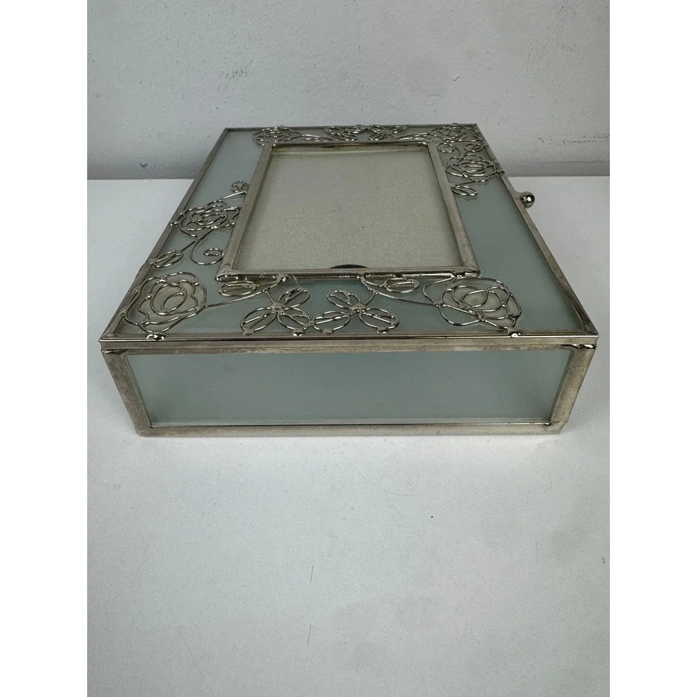 Vtg Frosted Glass Trinket Box Silver Rose Filigree Picture Frame Jewelry